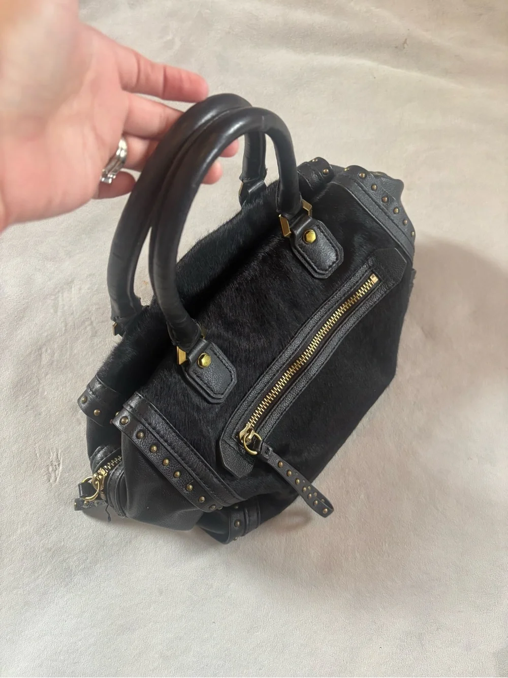 orYANY Brenda Black Calf Hair Leather Studded Satchel Bag